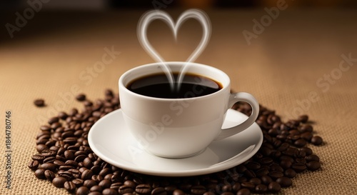 White cup of hot coffee on saucer with heart-shaped steam rising above. Surrounded by scattered roasted coffee beans on burlap surface. Perfect for cafe menus, beverage ads, or morning themes.