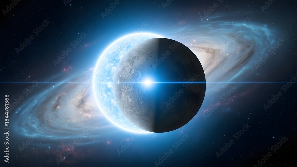 Obraz premium Celestial Planet in the Galaxy: A mesmerizing view of a planet suspended in the cosmic expanse, framed by a luminous galaxy and a bright celestial object, evoking wonder and awe.