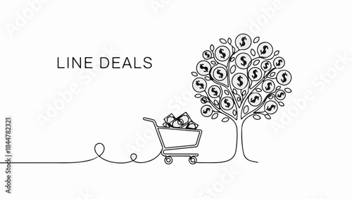 Shopping cart overflowing with cash connected to a money tree, symbolizing financial growth and successful deals.