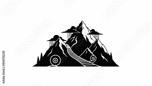 Dramatic mountain landscape with a winding path and stormy clouds