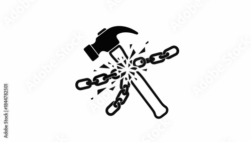 Hammer breaking a strong metal chain, symbolizing freedom and breaking barriers.