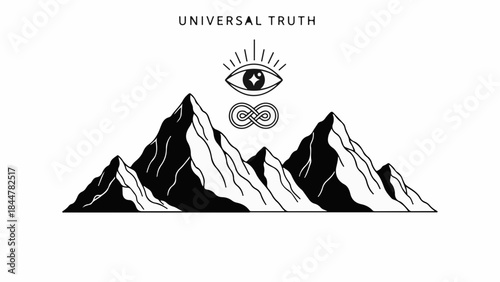 Mystical mountain landscape with an all-seeing eye and infinity symbol