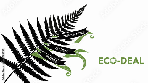Elegant fern frond with "Eco Deal" text and "Premium" ribbon, symbolizing natural growth and sustainable offers.