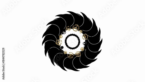 Abstract black and gold circular design with sharp, radiating elements on a white background