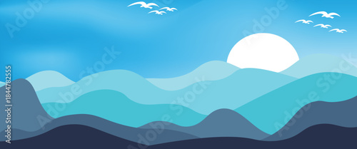 Mountain colors, with translucent wave blue background, sunset, abstract glass shapes, modern background, illustration design