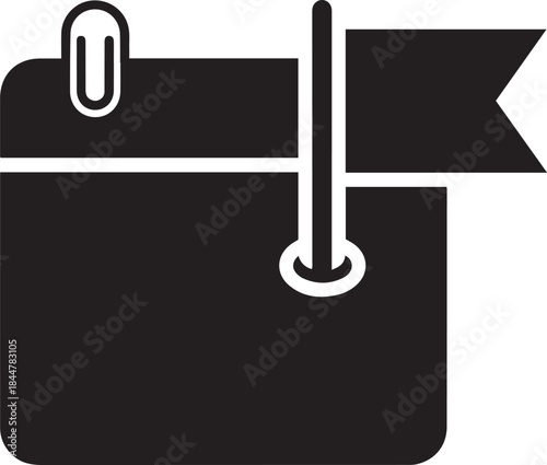 Black icon of a paperclip holding a note with a flag and a ring vector