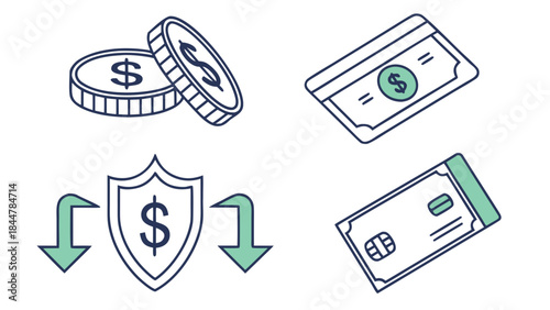 Financial Icons Representing Money Security and Transactions.