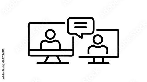 Two people communicating through computer screens with chat bubble.