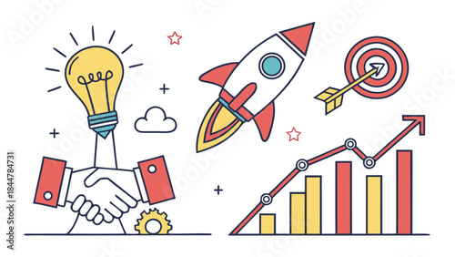 Business startup concept with handshake lightbulb rocket and graph.