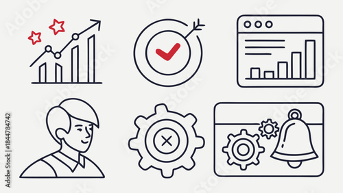 Business growth and analytics icons with person and settings.