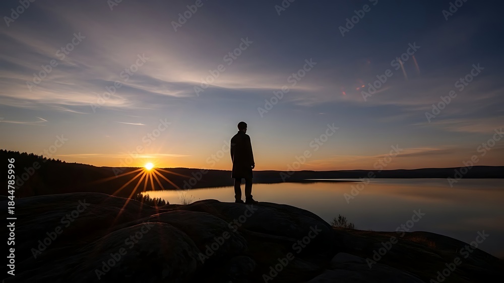 Fototapeta premium Person silhouetted by the setting sun, gazing across a serene lake from rocky vantage point