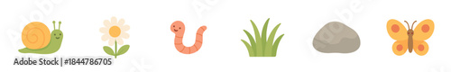 Charming collection of garden nature elements including a snail, daisy, worm, grass, rock, and butterfly, presented as a set of cute, simple, flat design cartoon illustrations