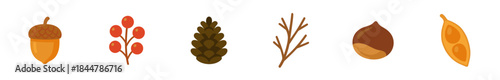 Set of six autumn forest elements including an acorn, red berries, a pinecone, a twig, a chestnut, and a seed pod, shown in a simple flat cartoon illustration style