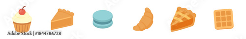 Set of six dessert and pastry icons including a cupcake, pie slices, macaron, croissant, and waffle in a colorful flat vector illustration style with an isometric perspective