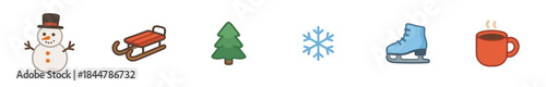 Set of six winter themed icons including a snowman, sled, tree, snowflake, ice skate, and hot beverage, presented in a simple, colorful cartoon illustration style