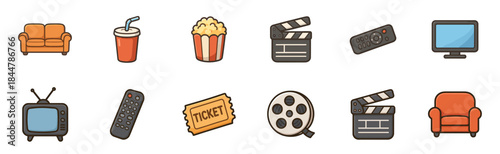 Set of colorful movie and cinema icons featuring a sofa, popcorn, soda, clapperboard, television, and ticket in a simple, flat cartoon illustration style with bold outlines