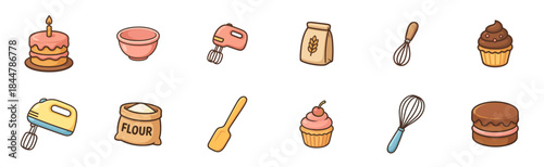 Collection of cute cartoon baking icons featuring a birthday cake, cupcakes, flour, mixer, whisk, and macaron in a charming hand-drawn illustrated doodle style