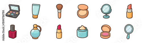 Set of cute cartoon makeup and beauty product icons including lipstick, eyeshadow, powder, cream, and perfume in a simple, colorful illustrated style