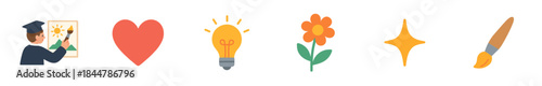 Set of six colorful flat icons representing creativity, education, and art with a graduate painter, heart, lightbulb, flower, star, and paintbrush in a simple vector style
