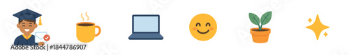 Set of colorful flat vector icons depicting a happy graduate with an acceptance letter, a steaming coffee mug, a laptop, a smiley face, a potted plant, and a sparkling star
