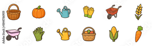 Colorful cartoon icon set of gardening tools and farm vegetables including a basket, pumpkin, watering can, gloves, wheelbarrow, wheat, corn, and carrot in a simple flat style