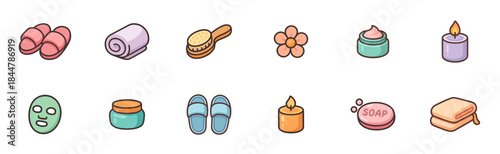 Cute collection of spa and beauty icons featuring slippers, towels, candles, cream, soap, and a face mask in a charming pastel cartoon style for self-care concepts