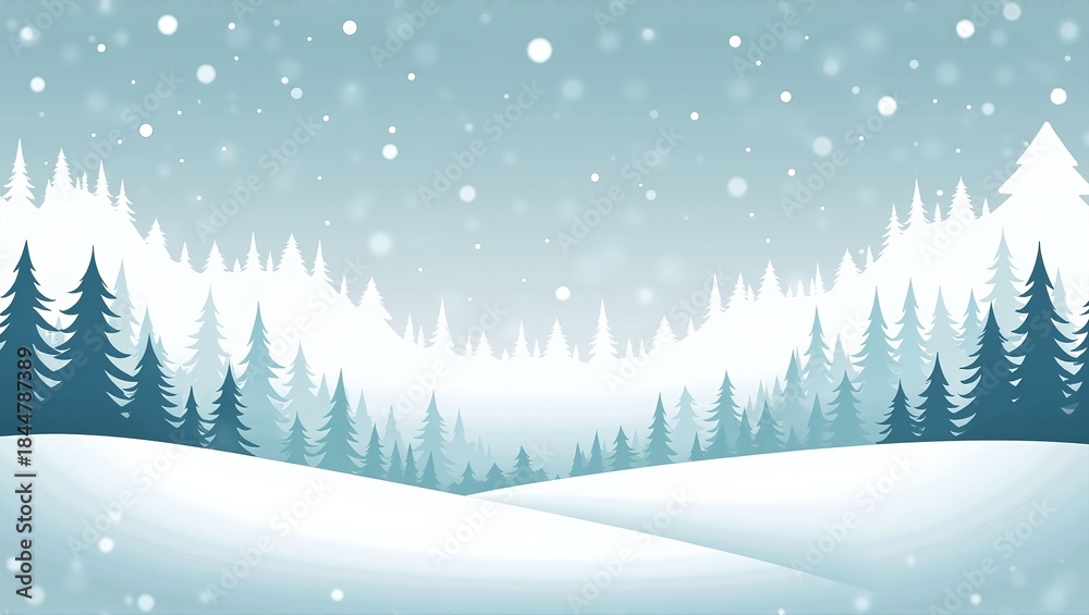 Fototapeta premium Snowy pine forest landscape background with falling winter snowfall