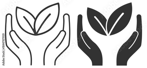 Hands with leaves icons, eco care and nature protection symbols vector on transparent background