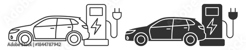 Electric car icons, eco vehicle and charging station symbols vector on transparent background