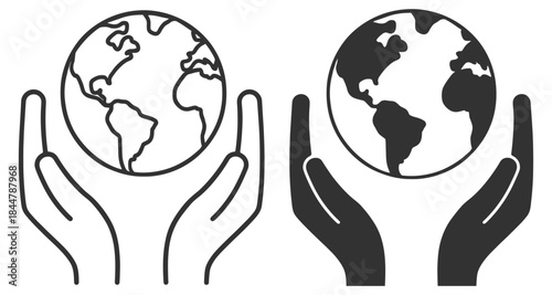 Hands holding earth icons, eco world and environment protection symbols vector on transparent background