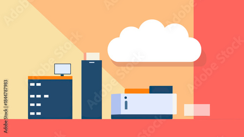Flat minimalist vector illustration of cloud storage data center with server racks, desktop monitor, and cloud symbol on colorful background for technology and digital data concept
