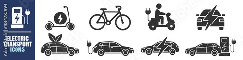 Electric vehicle icon set, electric car charging station battery transport vector line collection on transparent background
