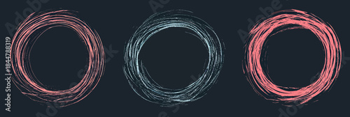 Set of three hand drawn chalkboard style rustic grunge circle line badges with rough brush stroke texture in red and blue colors isolated on dark background vector illustration