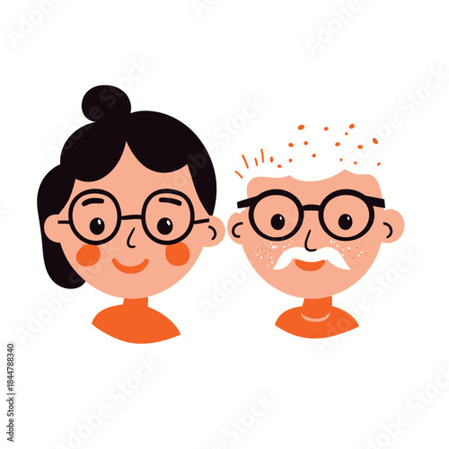 Cartoon vector portrait of young woman and elderly man with glasses smiling minimal flat style diverse age group faces illustration