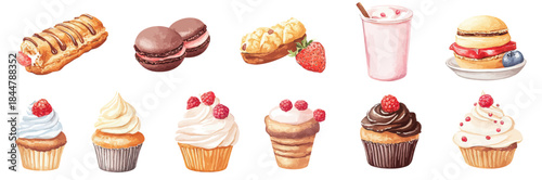 Vector watercolor dessert collection with éclairs, macarons, cream-filled buns, yogurt drink, burger, and assorted cupcakes with berries in flat minimalist style for game design and food illustration