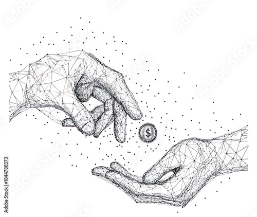 Abstract digital wireframe hands exchanging dollar coin low poly mesh lines connected dots concept of payment donation charity finance transaction vector illustration