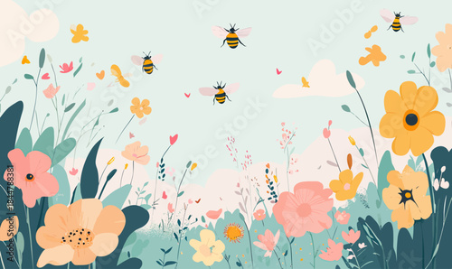 Colorful spring wildflowers garden with flying bees in sunny blue sky minimalistic flat vector illustration of blooming meadow plants and insects pollinating flowers