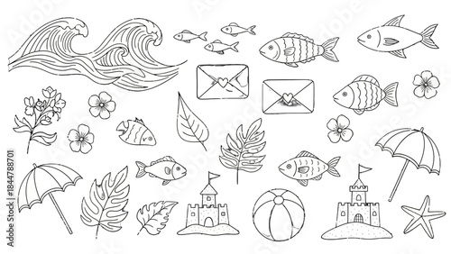 A collection of hand-drawn black and white illustrations depicting various beach and summer-themed elements, including waves, fish, sandcastles, umbrellas, and tropical leaves.