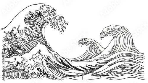 A dramatic black and white illustration of large, powerful ocean waves crashing with intricate detail.