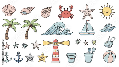 Coastal Serenity: A whimsical collection of beach-themed elements, including seashells, a playful crab, starfish, smiling sun, palm tree, wave, sailboat, lighthouse, anchor, bucket, spade, ball.