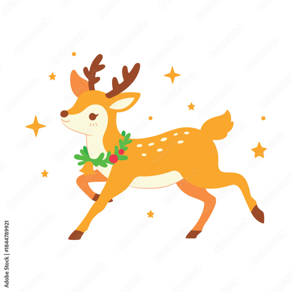 Obraz premium Cute reindeer character illustration for Christmas concept. Winter season festive cartoon wild animal deer. Flat vector design isolated on white.