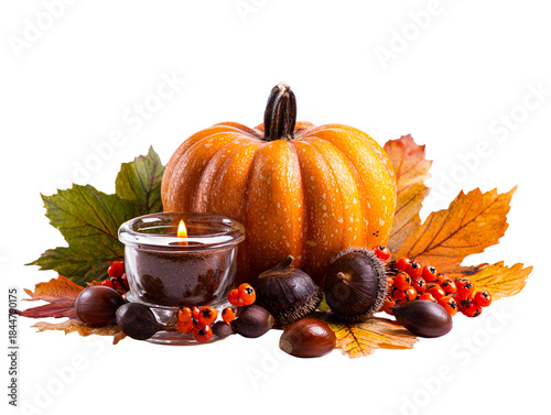 Autumnal Display with Pumpkin, Candle, and Fall Foliage