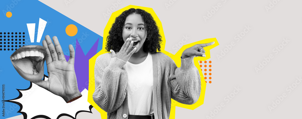 Fototapeta premium A woman stands in the center of a creative collage, expressing joy with a cheerful gesture. Bright colors and graphic shapes surround her, enhancing the lively atmosphere and mood.
