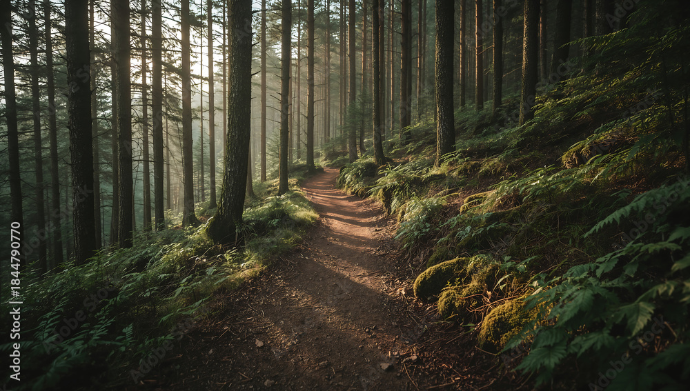 Fototapeta premium Mystical Forest Path Illuminated by Morning Sunlight