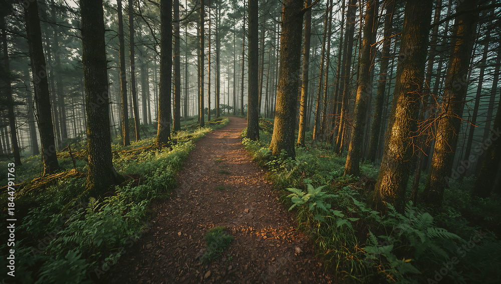 Fototapeta premium Misty Forest Path Through Dense Trees at Dawn