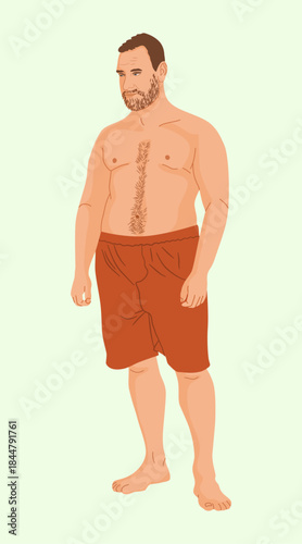 Mature man standing full height. Confident guy in boxers'. Average male figure.