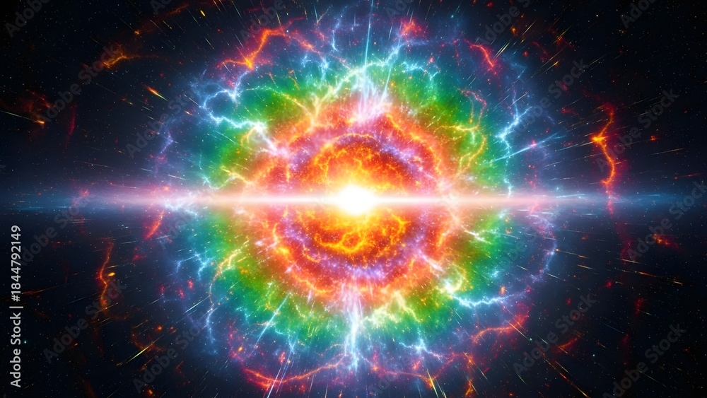 Obraz premium Celestial Burst of Light: Capturing a vivid and colorful cosmic explosion in a breathtaking display of energy and radiance, highlighting the wonders of the universe.