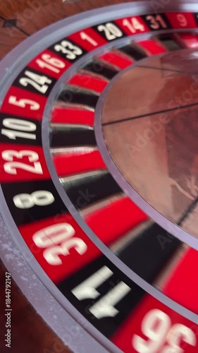 Close-up of a casino roulette wheel. 