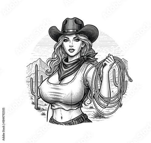 Wild West Cowgirl with Lasso – Vintage Engraving Illustration