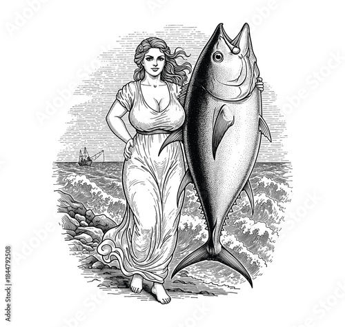 Mythical Woman Holding Giant Fish – Vintage Engraving Illustration